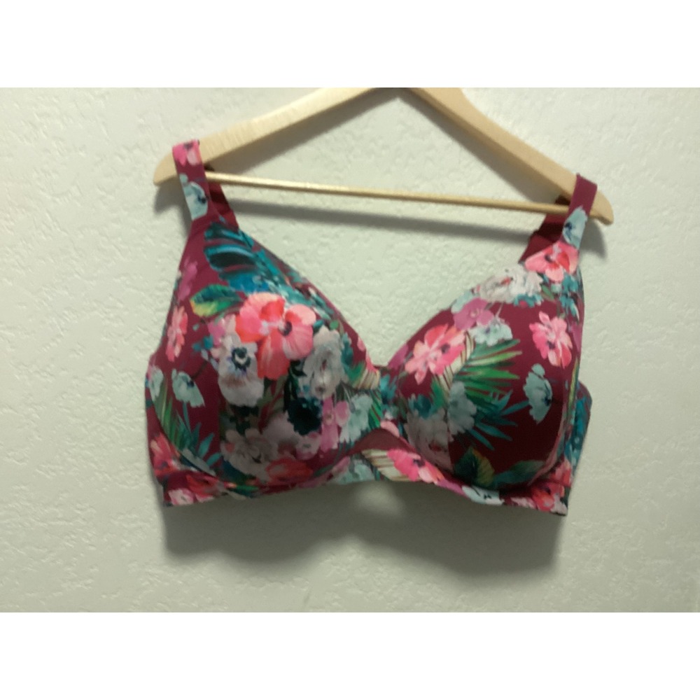 Cacique Lightly Lined FullCoverage Bra Women 44DDD Maroon Tropical Floral AB3590